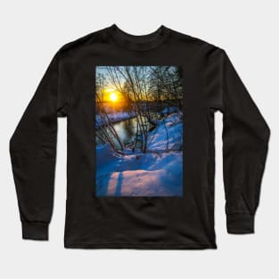 Snow falling on a river with snowy banks Long Sleeve T-Shirt